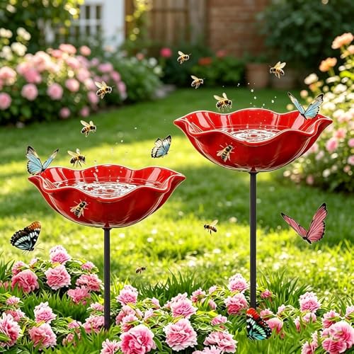 2 Stuick Bienentränke Blume für den Garten Insektentränke Gartendekoration Metall Gartenstecker für Rasen Vogeltränke Blume Dekorative Fütterschale für Vögel und Bienen