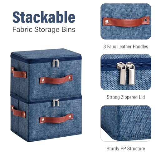 Image of Storage Bin Box with Zippered Lid Cotton Linen Fabric Decorative Basket PU Leather Handles PP Plastic Board Foldable Lidded Clothing Shelf Closet Organizer Container (Denim Blue, Small)