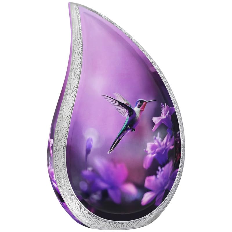 NANIURN Urn for Ashes for Women & Male, Cremation Urns for Human Ashes Adult Female and Man, Funeral Urn, Large Tear Drop Model Decorative, Burial, Purple Flower with Hummingbird - Full Size Teardrop