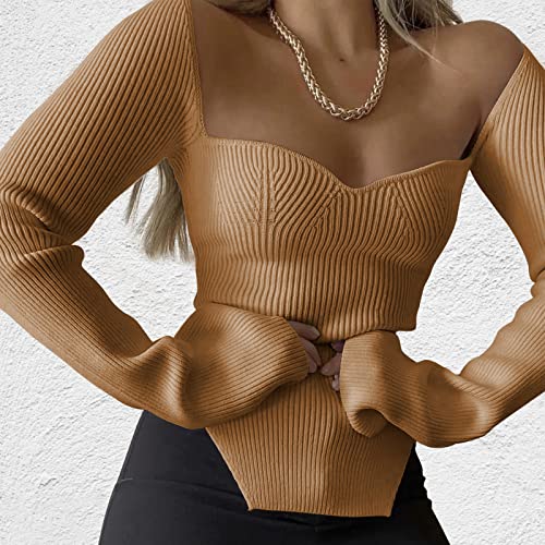 Image of Women's Square Neck Ribbed Knitted Sweater Long Sleeve Crop Slim Fitted Basic Pullover Tops