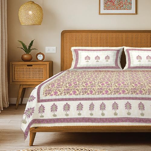 Image of Urban Space 100% Cotton Jaipuri Handblock Printed Double Size Bedsheet with 2 Pillow Covers, 200 TC Cotton Double Bedsheet (90 x 100 Inches, Noor Mahal Yellow)