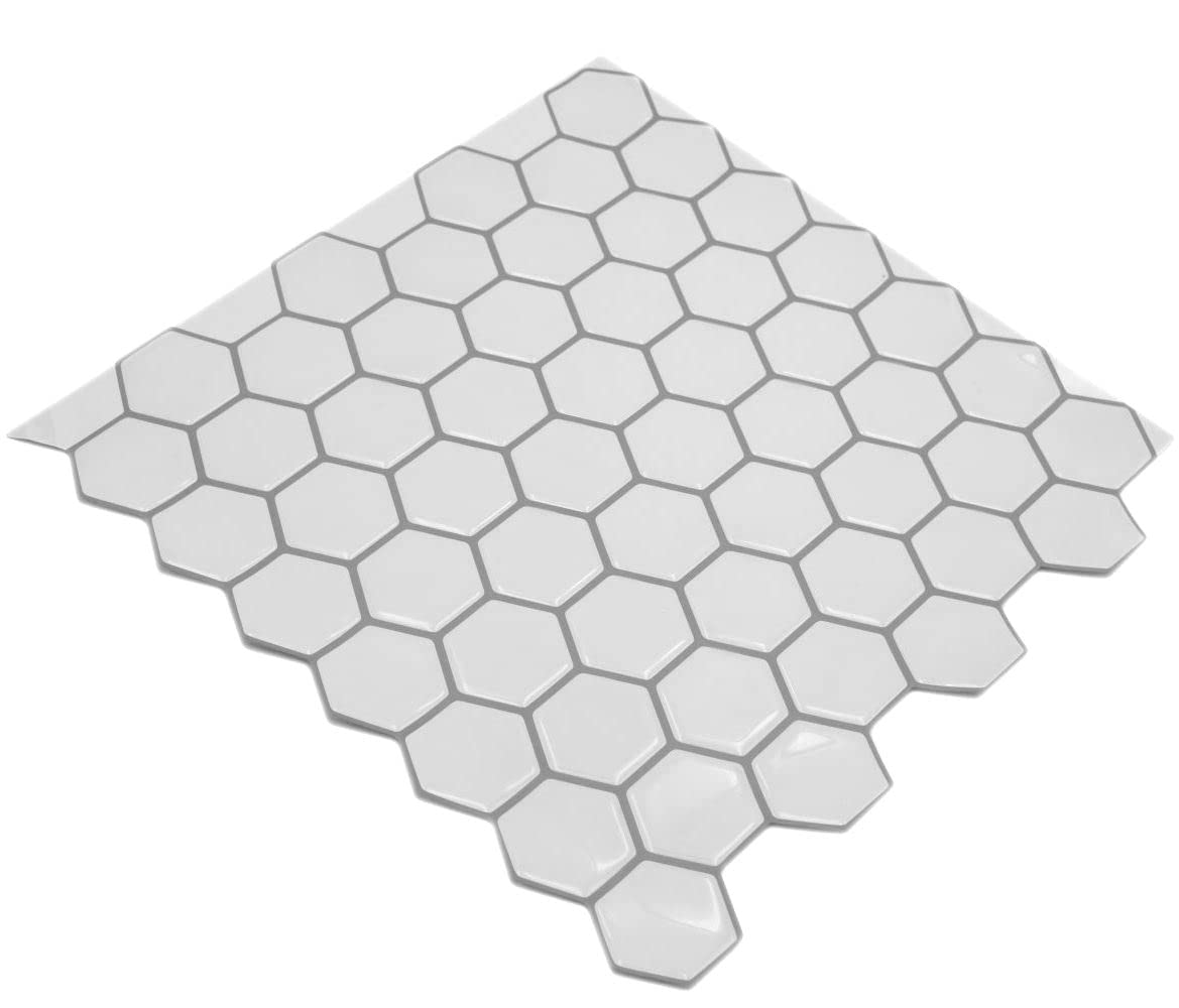 Pellicola autoadesiva a mosaico in vinile, effetto esagonale, colore bianco, 10 tappetini a mosaico