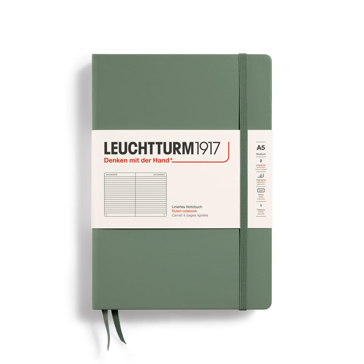 LEUCHTTURM1917365490 Notebook Medium (A5), Hardcover, 251 Numbered Pages, Olive, Ruled