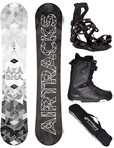 AIRTRACKS Snowboard Set Paquete Completo Tabla Akasha Wide Hybrid Rocker Hombre 162 - Fijaciones Master - Botas Strong ATOP 47 - SB Bag