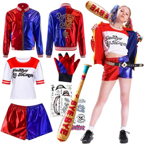 AJDSK Disfraz Cosplay Quinn Niñas: Disfraz de Suicide Squad Escuadrón Cosplay Set con Camiseta Chaqueta Pantalones Corta y guantes bate inflable para Halloween Carnaval Niñosde Payaso Cosplay (XL-150)
