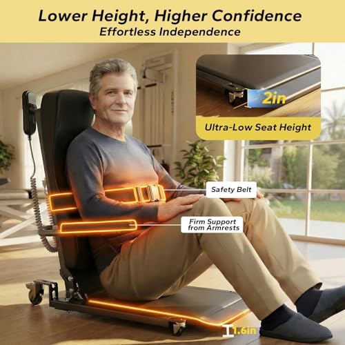 Image of Movable Electric Floor Lift Chair with 4 Wheels, Portable Rolling Chair for Home Transfer, Ultra-Low Profile Design, Ergonomic Backrest, Stand Assist for Seniors Fall, Supports 440 LBS