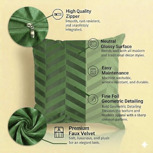 Image of TEXIVA Premium Velvet Cushion Covers Set of 5, 16x16 Inch Sofa Cushion Covers with Hidden Zipper, Modern Chevron Pattern - Green