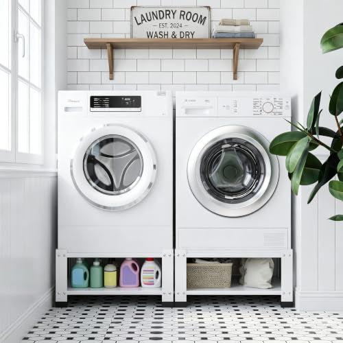 Image of 2 Pack Washer and Dryer Pedestals, 28 Inch, 14.37 Inch High | White metal stands with storage shelves, 800 lb capacity per stand, cushion pads, and required assembly.