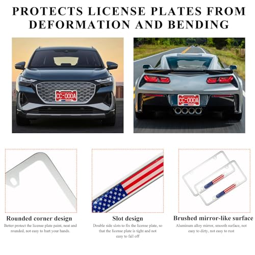 Image of 2 PCS Flag License Plate Frame, American Flag Patriotic Stainless Steel Auto Plate Cover, Vintage US Rust-Proof Vehicle License Plate Holder, Universal Car Accessories (White&Colorful)
