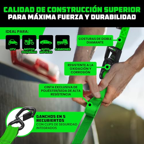Miniatura 3 de Rhino Usa Kit Correas De Amarre Servicio Pesado Paqeute De 2 4cmx2,4m 2000kg De Resistencia A La Rotura - Cinchas Fijación Últimas Con Ganchos De Seguridad Para Camionetas, Atv, Utv, Motos-Verde