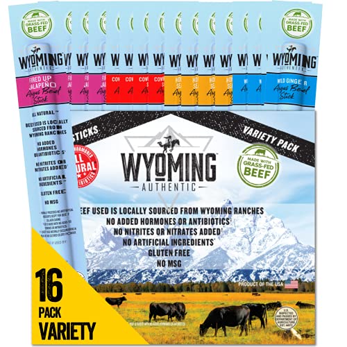 Wyoming All-Natural Grass-Fed Beef Sticks Bulk-Nitrate Free Jerky Meat Stick-No Artificial Ingredients-Clean Tasty Meat Snacks-Angus Beef Sticks Individually Wrapped-16pk