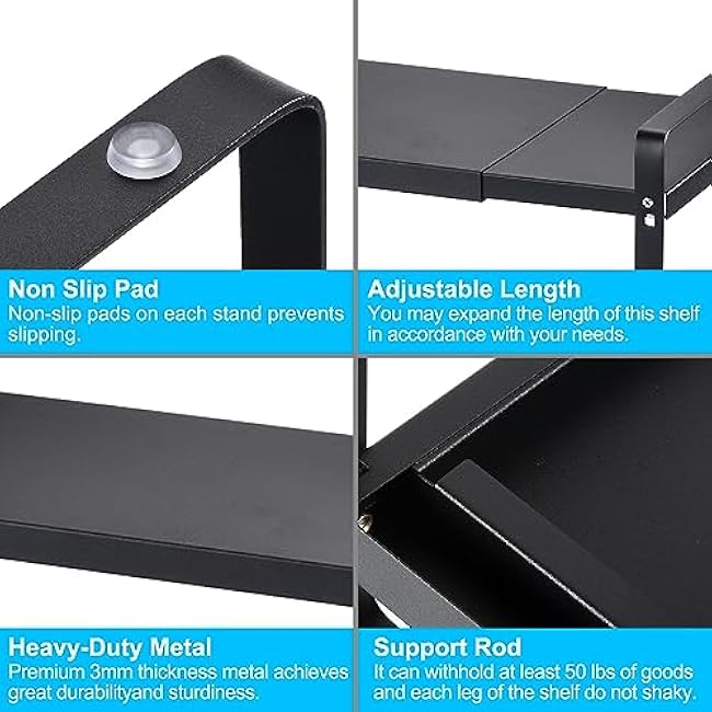 uxcell Expandable Cabinet Shelf Organizers, Kitchen Counter Shelves, Metal Spice Racks, Stackable Counter Storage Shelf (Black 14-23.6 L x 11 W x 10.3 H)