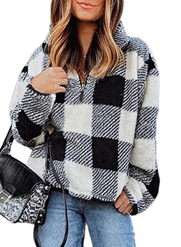 Acelitt Women Ladies Winter Casual Loose Oversized Plaid Quarter Zip Up Cozy Thick Fleece Fuzzy Sweatshirts Pullover Outerwear Coats with Pockets Black M