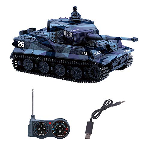 Remote Control Tank with USB Charger Cable Mini RC Army Military Toys Tank 1:72 German Tiger with Sound Artillery Shoots 40MHz (Blue)
