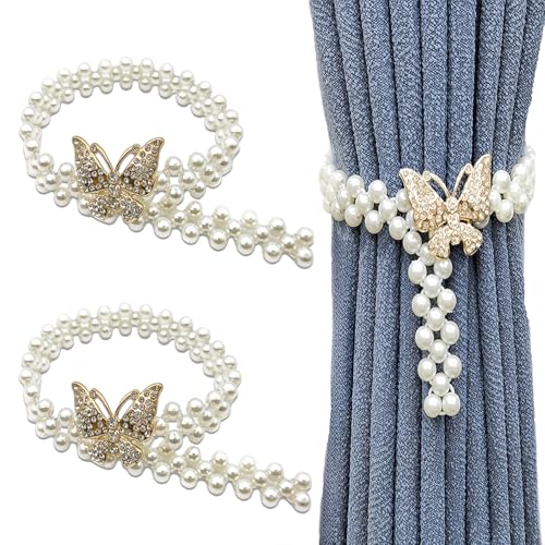 Wumuzai 2 Pack Beaded Pearl Butterfly Elastic Curtain Tiebacks, Decorative Curtain Tie Hold Backs, Boho Farmhouse Curtain Pull Backs Bow, Cute Curtain Buckle Clip Holders for Drape Decor (Gold)