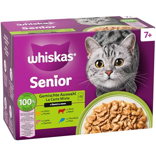Whiskas Senior 7+ Katzennassfutter Gemischte Auswahl in Sauce, 48 Portionsbeutel, 12x85g (4er Pack) – Hochwertiges Katzenfutter nass, für Katzen ab 7 Jahren und älter