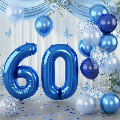 Image of 60 Balloon Number Blue, Big Number 60 Balloon Pastel Navy Dark Blue with Metallic Silver Confetti Balloon for Men 60th Birthday, Foil 40'' Self Inflating Balloon 60 for Anniversary Party Decorations