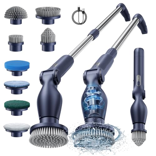 Image of Leebein Electric Spin Scrubber, Cordless Cleaning Brush with Long Handle and 8 Replaceable Brush Heads, 2 Rotating Speed Shower Scrubber for Bathroom Tub, Floor, Tile, Kitchen, Car Wash (Blue)