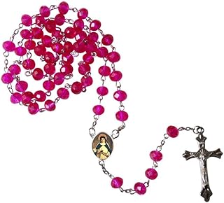 Gifts by Lulee, LLC Saint Catherine of Siena Patron of Italy Magenta Aura Quartz Crystal Beaded Rosary with Silver Plated Medal Centerpiece and Crucifix Includes a Prayer Card