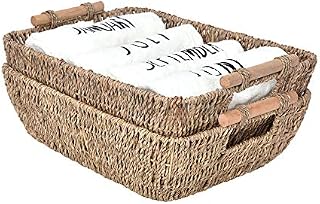StorageWorks Hand-Woven Storage Baskets with Wooden Handles, Seagrass Wicker Baskets for Organizing, Large