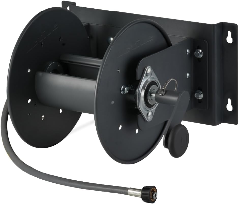 Active Hose Reel for Pressure Washer Hoses with 3/8” Female QC Adapter, 100ft Pressure Washer Hoses (3/8” or 5/16”). Included 2 ft jumper hose & M22-14mm adapter, 16” stud spacing mounting bracket