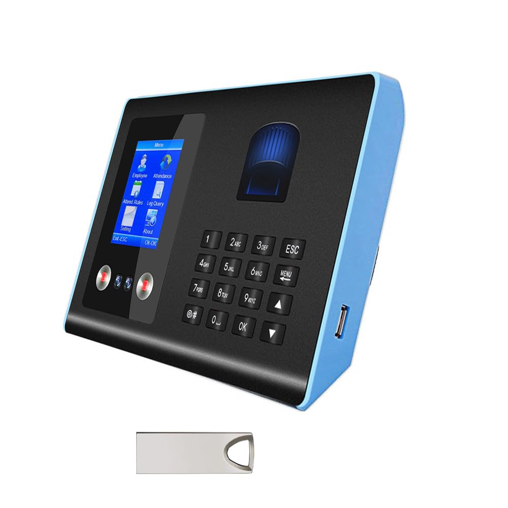 Máquina de Asistencia,Máquina Fichar de Asistencia Biométrica de Huella Dactilar con Sistema Española Pantalla LCD, 500 Rostros y 1.500 Huellas Dactilares,Azul