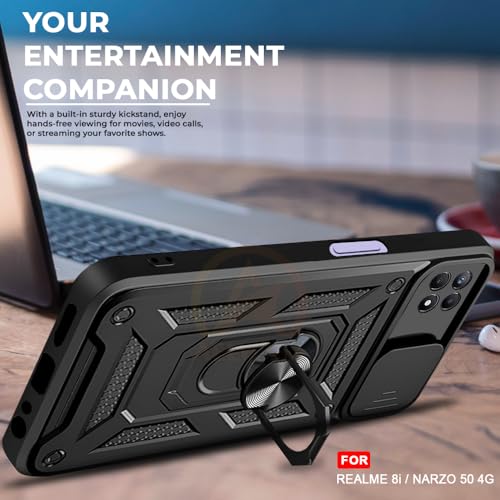 Image of Armor Bumper Back Cover Case for Realme 8i / Narzo 50 4G Rotating Camera Cover, Ring Holder & Kickstand | Heavy Duty & 360 Degree Protection Realme 8i / Narzo 50 4G Back Cover (Black)