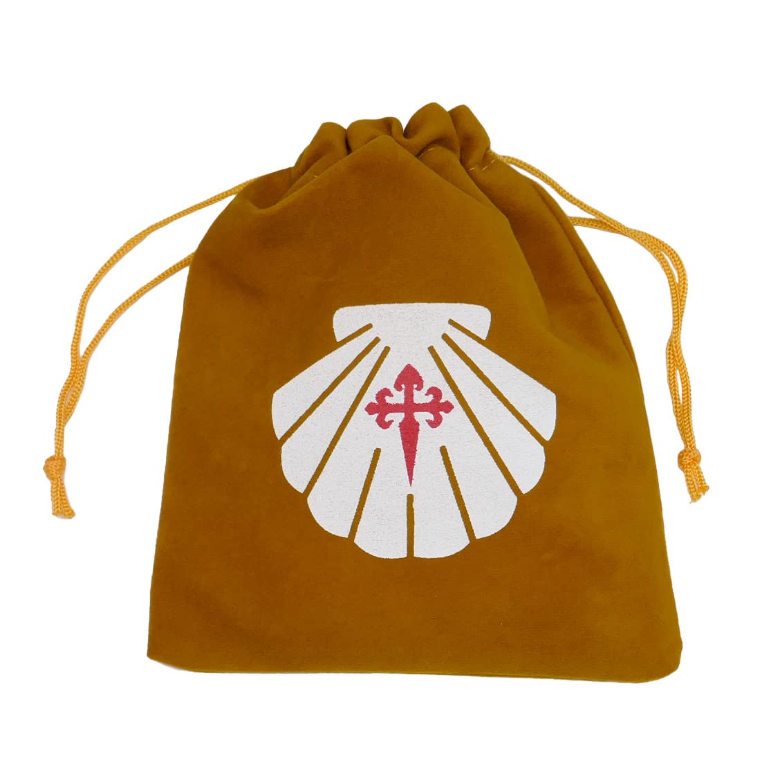 Jakobsweg Jakobsmuschel mit Kreuzaufdruck – Echte Pilgermuschel für Camino de Santiago – inkl. Samtbeutel (braun) zur Aufbewahrung – Jakobsweg Zubehör & Pilger Geschenk