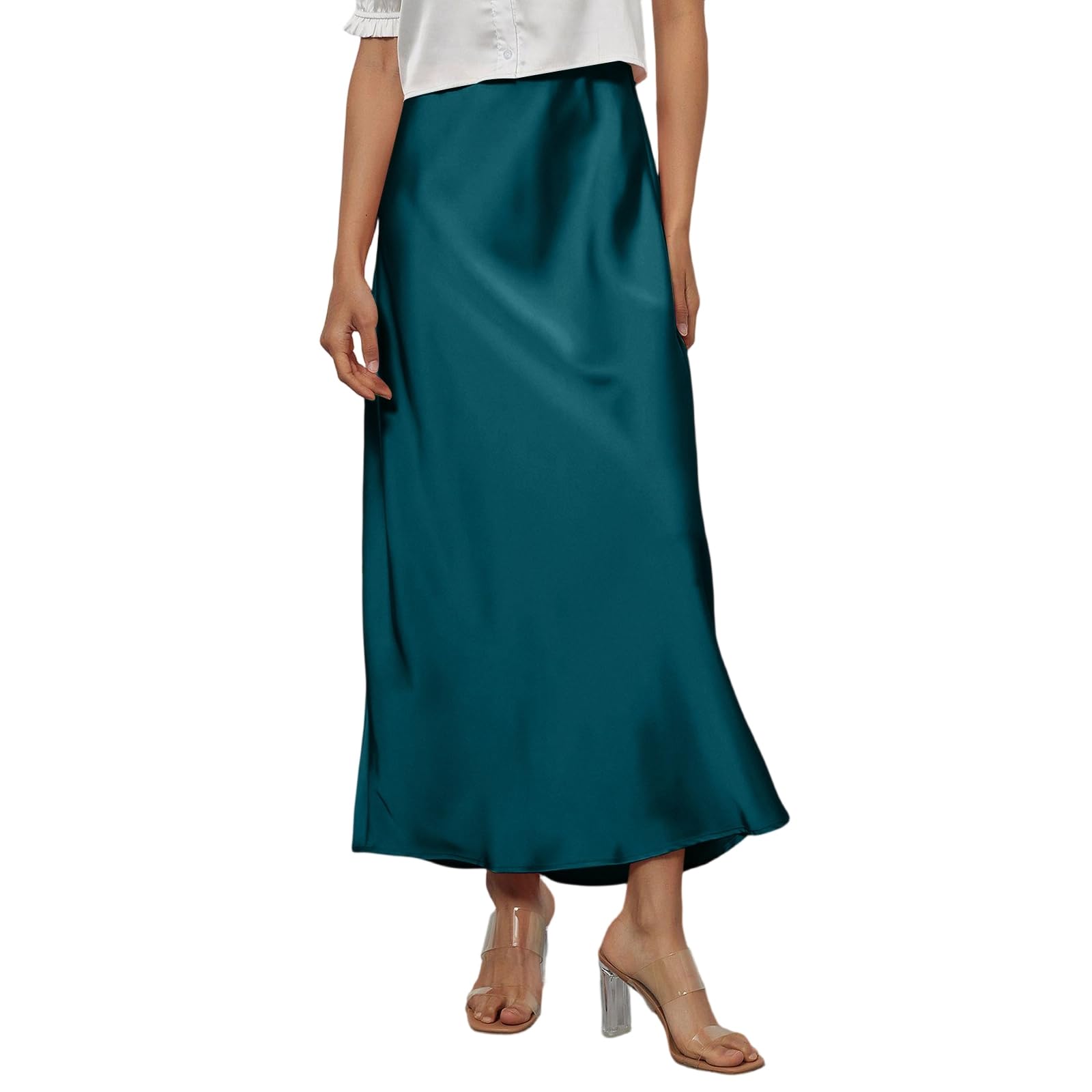 2026 Womens Spring Summer Long Satin Skirt Silk Elegant High Waisted Holiday Party Flowy A-Line Midi Skirts