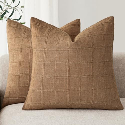 Image of Foindtower Set of 2 Decorative Linen Check Throw Pillow Covers Neutral Farmhouse Vintage Cushion Covers Modern Boho Home Decor for Sofa Chair Couch Bedroom Living Room,20x20 Inch,Brick