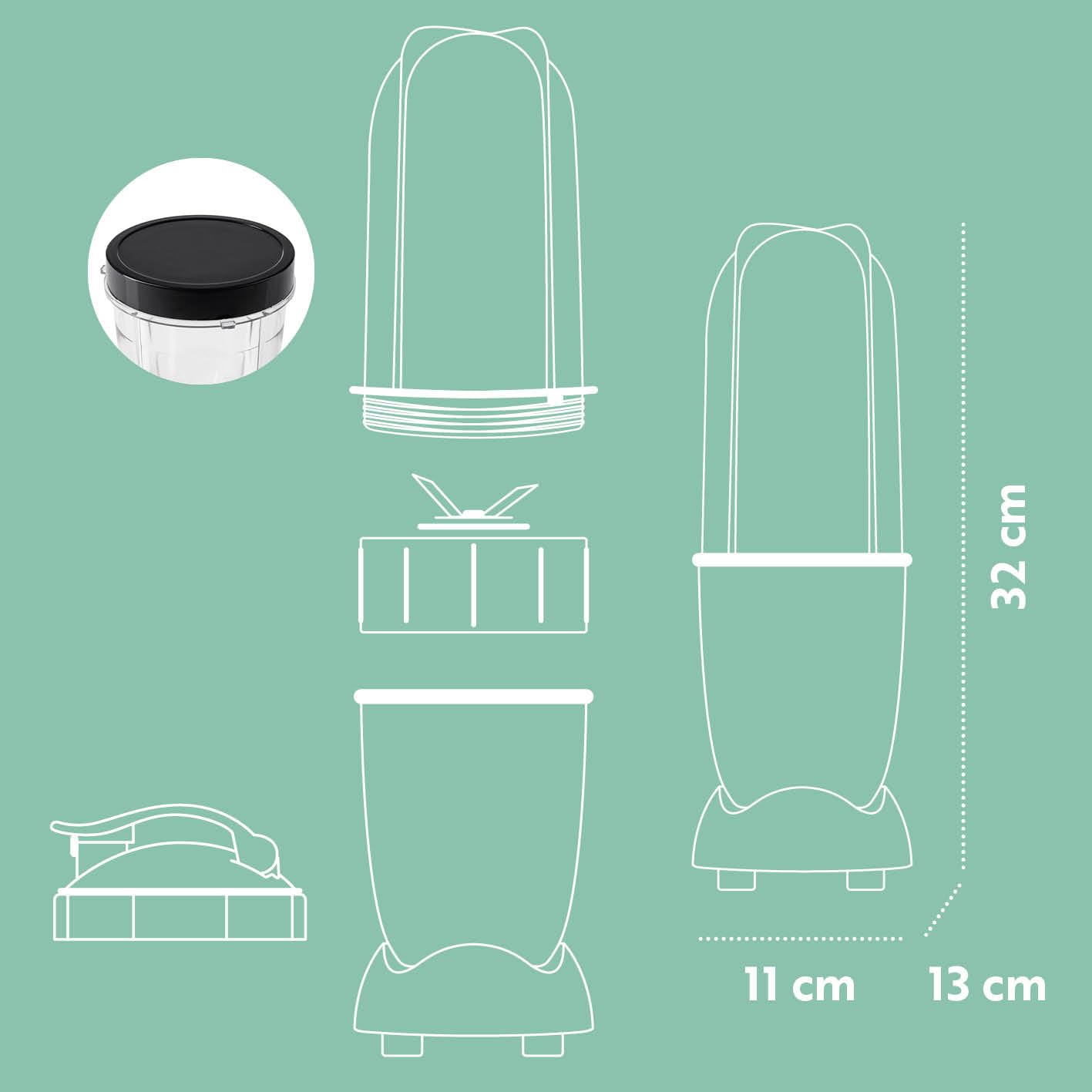 Diagram showing the components of the GOURMETmaxx Mr. Magic Power Pro Blender, including the motor base, blade, cups, and various lids.