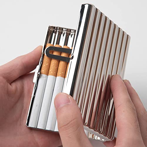 Image of Retro Metal Cigarette Case - Portable Pocket Box for Women and Men, Double Sided Spring Clip Open, Holds 18 Regular Size 100mm Cigarettes (Silver)