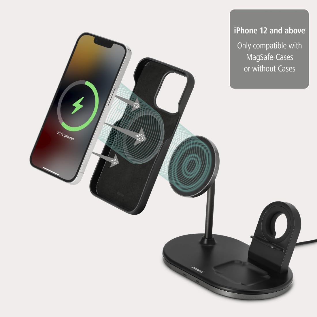 Hama MagCharge - Caricatore wireless per Apple iPhone, Apple AirPod, Apple Watch (stazione di ricarica induttiva con Quick Charge 15 W, ricarica wireless magnetica per Apple MagSafe e Hama MagLine)