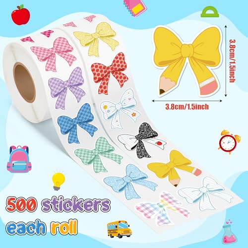 Image of Back School Bow Stickers - 16 Design Waterproof Vinyl Self Adhesive Decals with Cute Ribbon Pattern for Laptop Notebook Scrapbook Water Bottle Classroom Door Teacher Reward Chart Party Favor