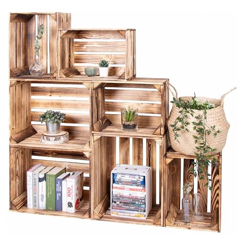 LAUBLUST Caisses en Bois Vintage Flammé, Lot de 7 | Caisse à Vin, Fruits et Légumes - ca. 50x40x30cm / 40x30x25cm | Pour Décoration & Fabrication de Meubles
