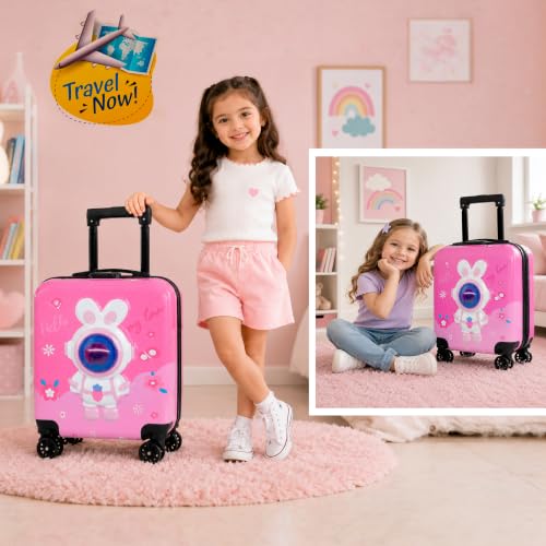 Image of Storite 18In Kids Luggage Trolley Hard Shell Cabin Suitcase | Cartoon Rabbit Astronaut Design Suitcase Ideal For School Trips Vacations Holidays And Weekend Travel(Pink-35 x 23 x 38 Cm)