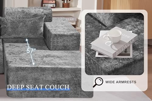 Image of HABUTWAY 105 inch L-Shape Modular Sectional Sofa Couch for Living Room,No Assembly Required,Modular Comfy Sofa with Deep Seat for Living Room Bedroom,Luxury Distressed Velvet(Right,Grey)