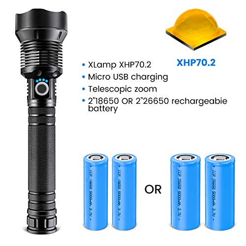 LED Flashlight, High Lumens, Zoomable & Most Powerful Torch with 26650 Battery & USB Rechargeable, 3 Modes Searchlight for Outdoor or Home Emergency (P70 - Black)