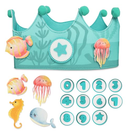 JJ LMS Corona cumpleaños 1 año - corona primer cumpleaños niño niña - 9 numeros y 4 figuras intercambiables - regalo original bebe (Océano)