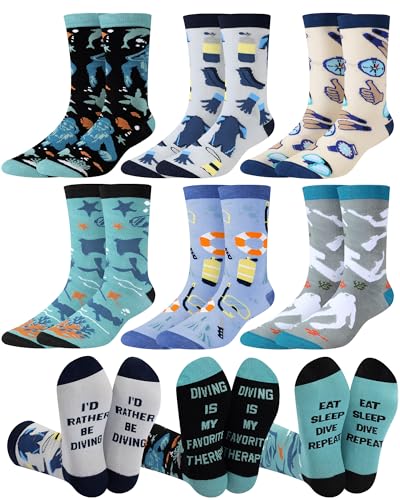 Jamntower 6 Pairs Novelty Diver Socks for Men Funny Diving Gifts Cool Crew Socks Summer Birthday Fathers Day Diver Snorkeling Lover Diving Dad Gifts