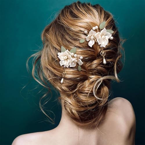 Image of MAYCREATE 5Pcs Camellia Flower Tassels Hair Pin Crystal Rhinestone Pearl Headpiece Retro Brides Hair Accessories for Women Girls Updo Long