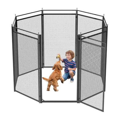 Image of Dog Fence with Safety Mesh, 47 inch Height 8 Panels Metal Pet Playpen Indoor Outdoor, Portable Dog Fence Outdoor for Yard,Camping& RV | Black-Silver