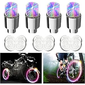 FICBOX 4 Pack LED Tire Valve Lights,Car Tires Bike Truck Golf Cart Wheel Assemblies Light up Air Neon Bicycle Motorcycle Tyre Valve Lights with 12 Extra Batteries (Colorful)