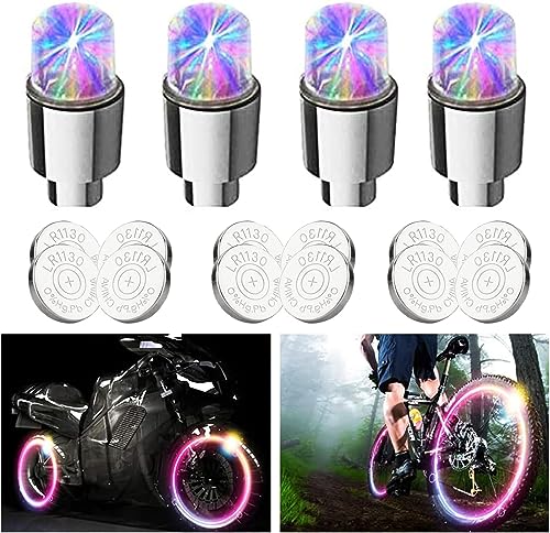 FICBOX 4 Pack LED Tire Valve Lights,Car Tires Bike Truck Golf Cart Wheel Assemblies Light up Air Neon Bicycle Motorcycle Tyre Valve Lights with 12 Extra Batteries (Colorful)