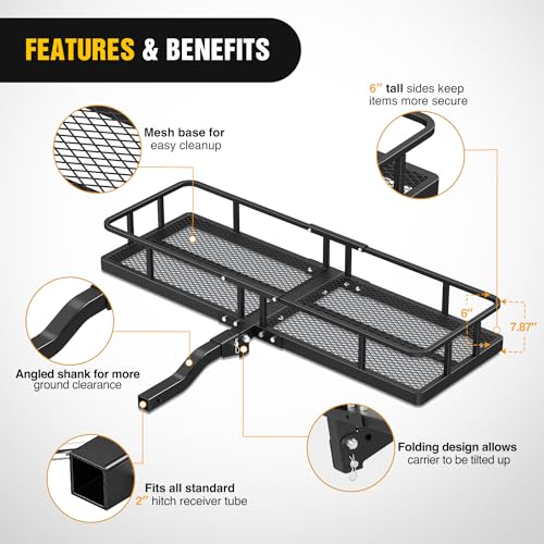 Image of Nilight 60 inch x 20 inchx 7.87 inch Hitch Cargo Carrier & 5 /8 inch Pin Clip Fits 2-Inch Receiver 500 Lbs Heavy Duty Capacity Luggage Basket Fold Up for SUV Pickup Camping Traveling
