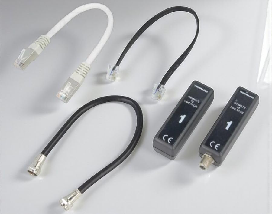 Various cables and two remote ID locators for the Tenmars TM-902 LAN Cable Tester.