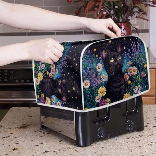 Image of Talayituse Cat Daisy Star Print Toaster Cover 4 Slice Wide Slot, Lightweight Bread Maker Cover Dust Protection Washable Appliance Bag, M