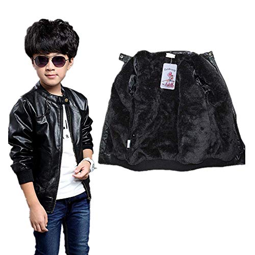 Image of Boys Trendy Stand Collar PU Leather Moto Jacket - Winter Warm Lined Coat with Zipper Closure for Kids (Age 3-12)