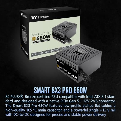Image of Thermaltake Smart BX3 Pro 650W; ATX 3.1; Native PCIe 5.1 12V-2X6; Non-Modular; Etched Flat Cables; Dual-Color H++ Connectors; 105C Main Capacitor; 80 Plus Bronze Certified; Black; PS-SPD-0650NNFABU-7