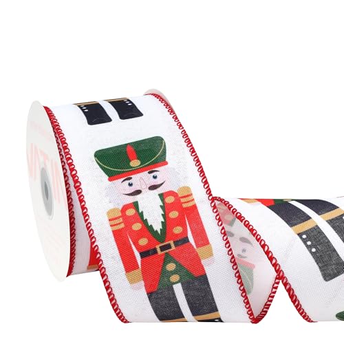 VATIN Christmas Linen Ribbon with Nutcracker Printed 2-1/2-Inch x 10 Yards Thick Ribbon for Tree Decorations Gift Wrapping Bows Holiday Crafts